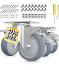 3 inch stainless steel caster wheels with brakes, heavy duty 304 swivel casters featuring quiet TPR wheels in a 4 pack with accessories.