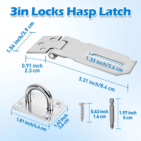 Diagram of 3 Inch Stainless Steel Door Hasp Latch Made From 304 Stainless Steel With Extra Thick Brushed Finish Includes Screws