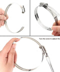 Hands holding and adjusting a 30 Pcs 3 Inch Adjustable Stainless Steel Hose Clamps Worm Gear Clamps 72 To 95mm Range Duct Clamp For Automotive Water Pipe Hose Clip 304 Stainless Steel Durable Rust Resistant Heavy Duty Construction For Tough Everyday Use, showing screwdriver adjustment.