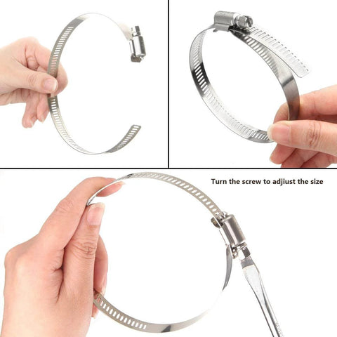 Hands holding and adjusting a 30 Pcs 3 Inch Adjustable Stainless Steel Hose Clamps Worm Gear Clamps 72 To 95mm Range Duct Clamp For Automotive Water Pipe Hose Clip 304 Stainless Steel Durable Rust Resistant Heavy Duty Construction For Tough Everyday Use, showing screwdriver adjustment.