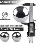 Caliper measuring 3 inch 76.2mm steel ball, showing 2 Pieces 3 Inch Ball Bearing Steel Balls 76.2mm Precision Solid Balls With Polished Finish Built To Last Heavy Duty Wear Resistant High Hardness Bearing Steel Ideal For Industrial Machinery Bearings CNC Fixtures And Precision Applications