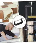 Montage of 3 Inch Heavy Duty C Clamp Set used in woodworking and building, showing steel clamps in various applications