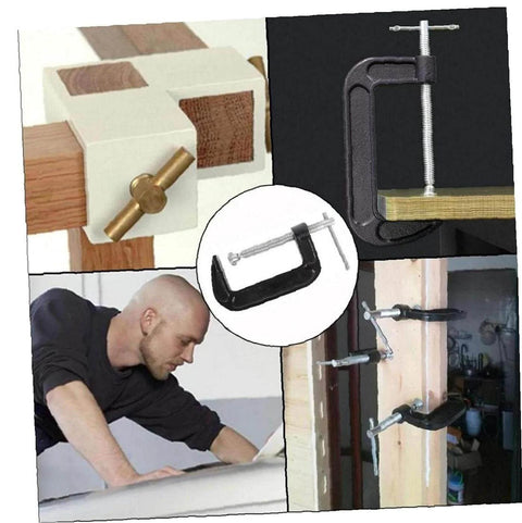 Montage of 3 Inch Heavy Duty C Clamp Set used in woodworking and building, showing steel clamps in various applications
