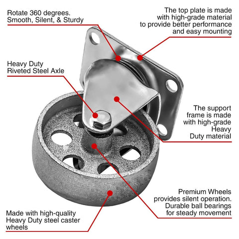 3 Inch Heavy Duty All Steel Swivel Plate Caster Wheel with Brake Lock, featuring premium steel axle and top plate, for Furniture & Cabinets