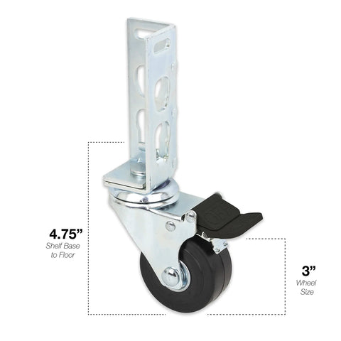 Close-up of 3-inch caster wheel for boltless shelving, showing 4.75-inch base height. 4Pc Storage Rack Caster Wheels Adapts To Boltless Self Locking Shelving Racks With 3 Inch Wheels And 1500 Lb Max Capacity Per Set Includes Four Locking Wheels For Easy Rolling And Converts Existing Shelves To Mobile Racks.