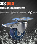 3 inch stainless steel caster wheels with total lock brake made from SUS 304, washable maintenance free casters designed for sanitary use in a 2 pack, side view.