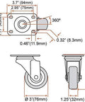 Diagram showing dimensions of 8 Pack 3 Inch Combo Caster Set with 4 Swivel Casters with Brakes and 4 Plate Heavy Duty Casters on Red PU Wheels.
