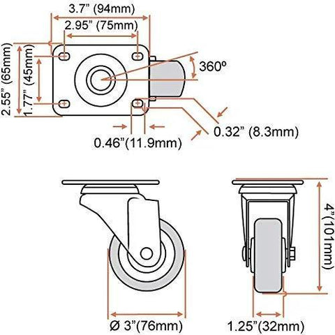 Diagram showing dimensions of 8 Pack 3 Inch Combo Caster Set with 4 Swivel Casters with Brakes and 4 Plate Heavy Duty Casters on Red PU Wheels.