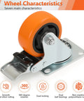 3-Inch Caster Set 4 Pieces With Brake And Fixed Wheel Combination For Mobile Metal Racks Carts Farm Equipment And Industrial Applications, Swivel Casters With Double Locking Brakes And Fixed Wheels, 1000 Lb Load Capacity, Screws Included - close-up of orange wheel and brake mechanism