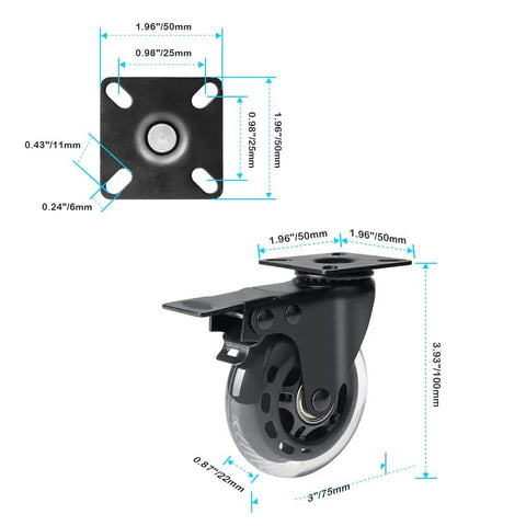 3 Inch Plate Caster Set Of 4 With Brake Dual Locking Heavy Duty Top Plate Industrial Swivel Casters Load Capacity 600 Lbs