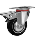 Close-up of 3 Inch Swivel Caster Wheel with dual locking brakes, non skid rubber, and metal plate for furniture carts.