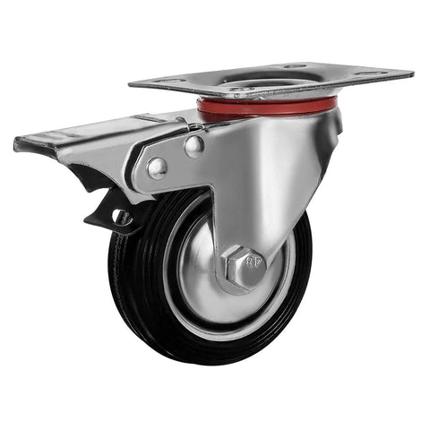 Close-up of 3 Inch Swivel Caster Wheel with dual locking brakes, non skid rubber, and metal plate for furniture carts.