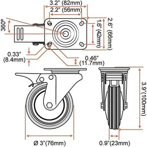 Dimensions of 12 Pack 3 Inch Swivel Caster Wheels with dual locking brakes, including wheel size and mounting specs.