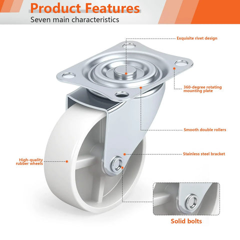 3-Inch Swivel Caster Wheels Set Of Four Polyurethane Plate Casters with high-quality rubber wheels and stainless steel bracket