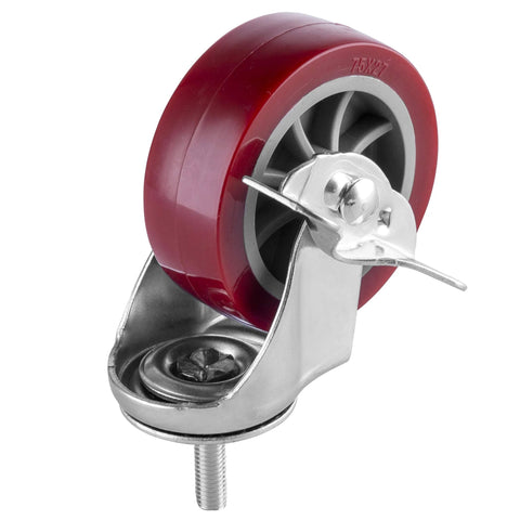 Close-up of a red 3 Inch Swivel Caster Wheels Set Of 4 With Locking Brakes Heavy Duty Casters Total Capacity 330 Lbs M8 Threaded Stem