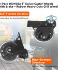 2 Pack 3 Inch Swivel Caster Wheels With Brake Rubber Heavy Duty Grill Replacement For Pellet Grills