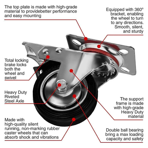 Close-up of 12 Pack 3 Inch Swivel Caster Wheels with dual locking brakes featuring non skid no mark rubber wheels, showing details and structure.
