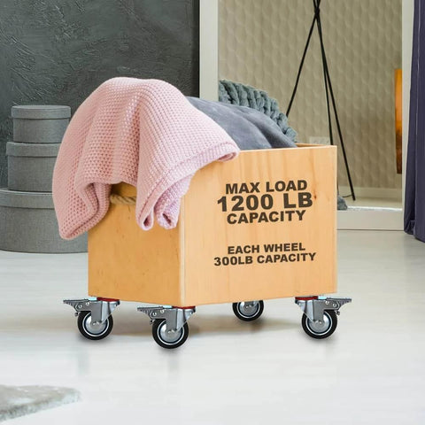 Wooden cart with blanket, featuring 12 Pack 3 Inch Swivel Caster Wheels with dual locking brakes for 300 lb load capacity.