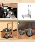 12 Pack 3 Inch Swivel Caster Wheels with dual locking brakes featuring non skid no mark rubber wheels, showcased on furniture and tools.