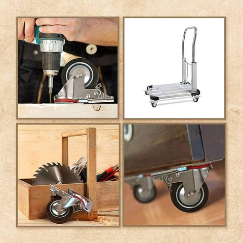 12 Pack 3 Inch Swivel Caster Wheels with dual locking brakes featuring non skid no mark rubber wheels, showcased on furniture and tools.