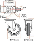Technical diagram of 3 Inch Heavy Duty Swivel Caster Wheels 4 Pack with dimensions and specifications, Rubber Base Casters, 250lb capacity.