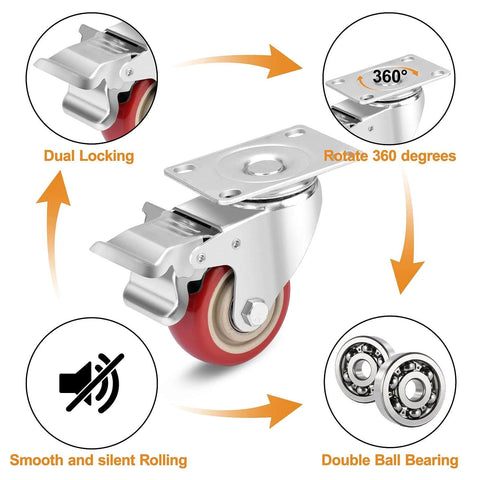 3 Inch Heavy Duty Industrial Swivel Caster Wheels with Brake, Set of 4, showcasing dual locking, 360° rotation, and smooth rolling features.