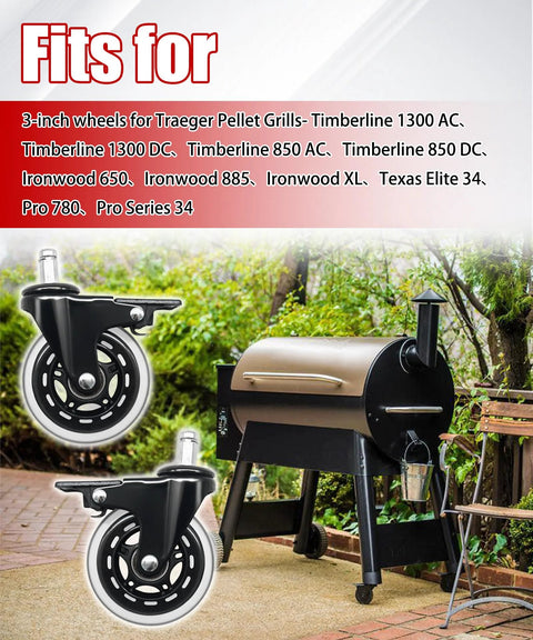 Traeger 3 Inch Swivel Caster Wheels With Brakes Set Of 2 For Pellet Grills shown with a grill outdoors