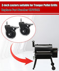 Image of Traeger 3 Inch Swivel Caster Wheels With Brakes Set Of 2 For Pellet Grills Fits Timberline 850 1300 Ironwood 650 885 XL Pro 780 Pro Series 34 Texas Elite 34 Replacement HDW302 Built In Brake Lock next to a pellet grill