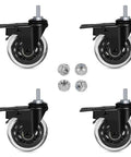 Set of 4 heavy-duty 3 inch threaded stem caster wheels with brakes, 5/16-18 UNC, shown with nylon lock nuts for workbenches and carts.