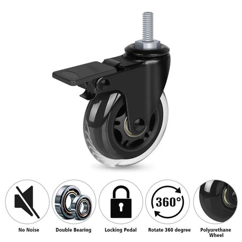 3 Inch Threaded Stem Caster Wheel with brakes, black heavy-duty swivel caster for workbenches and carts, features nylon lock nut and safety locking.