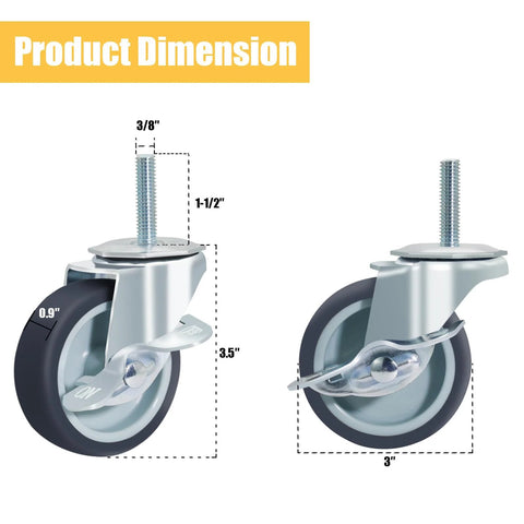 3 Inch Caster Wheels Locking Stem Casters Set Of 4 Threaded Stem Size 3 8 Inch 16 UNC By 1 2 Inch Heavy Duty Steel Housing Coffee Rubber Wheel Swivel Castors For Furniture And Carts With Side Brake dimensions