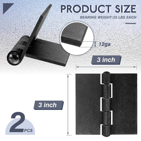 2 Pieces 3 Heavy Duty Weldable Hinges 12 Ga Welding Long Lasting Steel Butt Hinge dimensions and close-up view