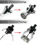 Beefy 3 Jaw Gear Bearing Slide Hammer Puller Set for internal and external removal, showing tools disassembling bearings.
