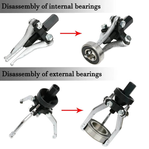 Beefy 3 Jaw Gear Bearing Slide Hammer Puller Set for internal and external removal, showing tools disassembling bearings.