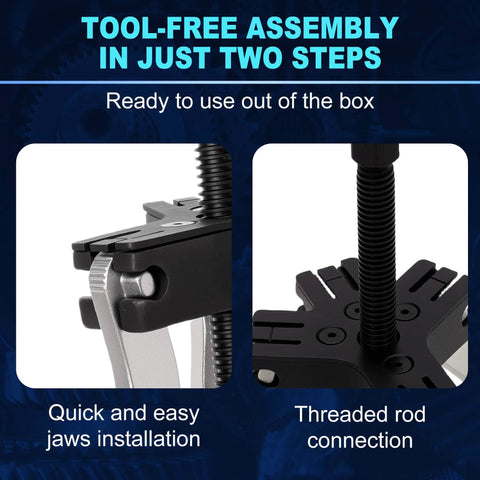 Gear Puller Set, 3" and 7" Puller Kit, quick jaw installation and threaded rod connection, tool-free assembly instructions shown