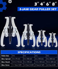 Gear Puller Set, 3" 4" 6" 8" 3 Jaw Puller Kit for Pulley Gear Bearing Flywheel Removal with specifications chart