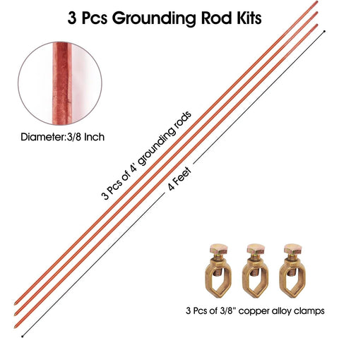 3 Pack 4 Foot Heavy Duty Copper Grounding Rod Kit With Copper Clad Steel Rods And Three Eighths Inch Ground Rod Clamps For Electrical