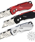 3 Pack Folding Utility Knife Set With Zinc Alloy Body, Quick Change Blades, Lock Back, Includes 12 Extra Blades, shown in red, black, silver