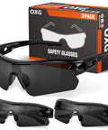 3 Pack Tinted Safety Glasses ANSI Z87.1 Protective Eyewear For Work And Shooting, showing packaging and three pairs of black glasses