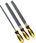 Efficient 3 piece 8 inch metal file set featuring flat half round and round files forged from carbon steel with 62-66 HRC hardness.