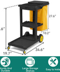 Side view of Beefed Up Cleaning Cart On Wheels With 3 Shelf Plastic Design For Janitorial Jobs Includes 2 Yellow 25 Gallon Vinyl Bags And Rubber Gloves In Black By YITAHOME, showing dimensions