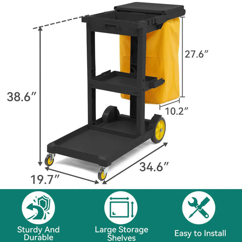 Side view of Beefed Up Cleaning Cart On Wheels With 3 Shelf Plastic Design For Janitorial Jobs Includes 2 Yellow 25 Gallon Vinyl Bags And Rubber Gloves In Black By YITAHOME, showing dimensions