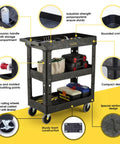 Heavy Duty 3 Shelf Utility Cart With 550 Lb Capacity, 34 By 17 By 38.5 Inch Rolling Work Cart, Deep Shelves, 4 Swivel Wheels, Black