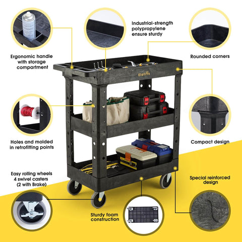 Heavy Duty 3 Shelf Utility Cart With 550 Lb Capacity, 34 By 17 By 38.5 Inch Rolling Work Cart, Deep Shelves, 4 Swivel Wheels, Black