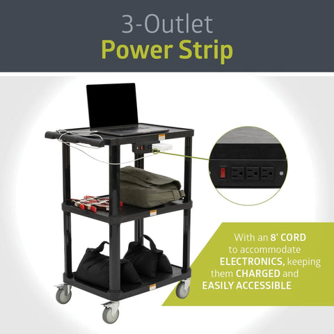 Mobile Utility Cart With Three Shelves And Three Outlets And Eight Foot Cord For Office And Warehouse Use Heavy Duty Workhorse Service Cart With Four Swivel Wheels And Push Handle Black Finish By Pearington