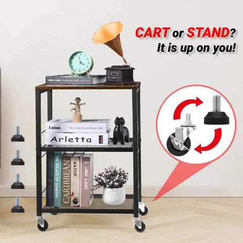 Multifunctional 3 Tier Rolling Cart On Wheels With Storage In Brown For Kitchen Bar Pantry Bathroom And Office Sturdy Metal Frame And Wood Shelves Versatile Utility Cart For Small Spaces with decor items displayed