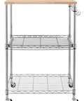 Heavy Duty 3 Tier Rolling Kitchen Cart Workhorse With Oak Wood Top And Drawer Slider Chrome Finish Four Wheels Hooks For Utensils 300 Lb Total Capacity Multi Function Kitchen Island Cart For Cooks And Caterers Finnhomy