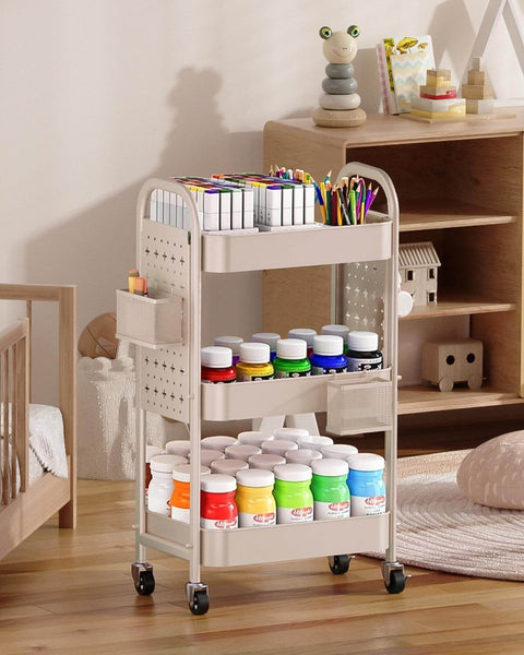 3 Tier Rolling Cart With DIY Pegboard Panels, Metal Utility Cart On Wheels Featuring Adjustable Front Or Side Pegboards in Khaki