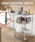 Heavy Duty Kitchen Utility Cart With Three Tiers And 470 Lb Capacity, wire shelves, brake wheels, and stainless steel top.