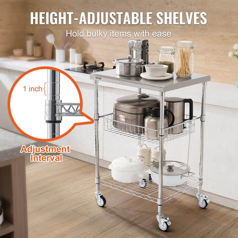 Heavy Duty Kitchen Utility Cart With Three Tiers And 470 Lb Capacity, wire shelves, brake wheels, and stainless steel top.
